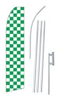 Checkered Green & White Swooper/Feather Flag + Pole + Ground Spike