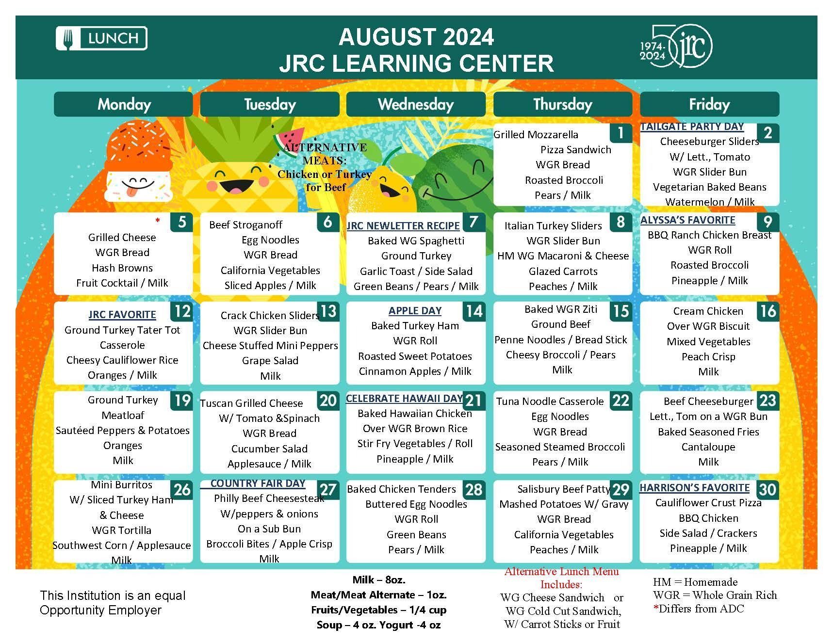 August Lunch Learning Centers Menu 