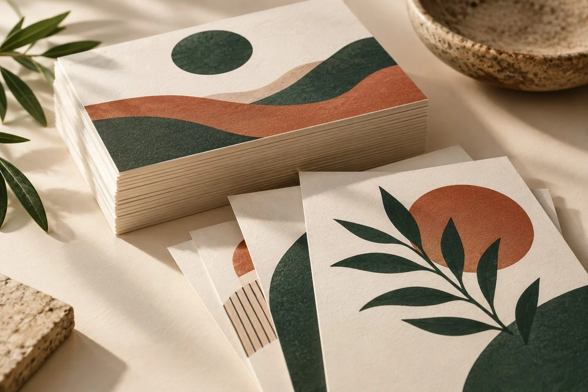 Illustrative stack of thick printed promotional postcards with green and cream artwork