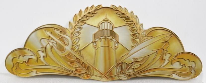 UP-2168 - Carved 2.5-D Outline Relief Plaque of the Emblem of a  Maritime Club,  with  a Lighthouse, a Trident and a Feather