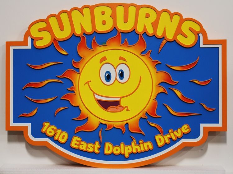 L21205 -  Coastal Residence "Sunburn" address sign features a Happy Sun as Artwork