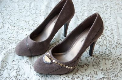 Before-and-after of embellished shoes.