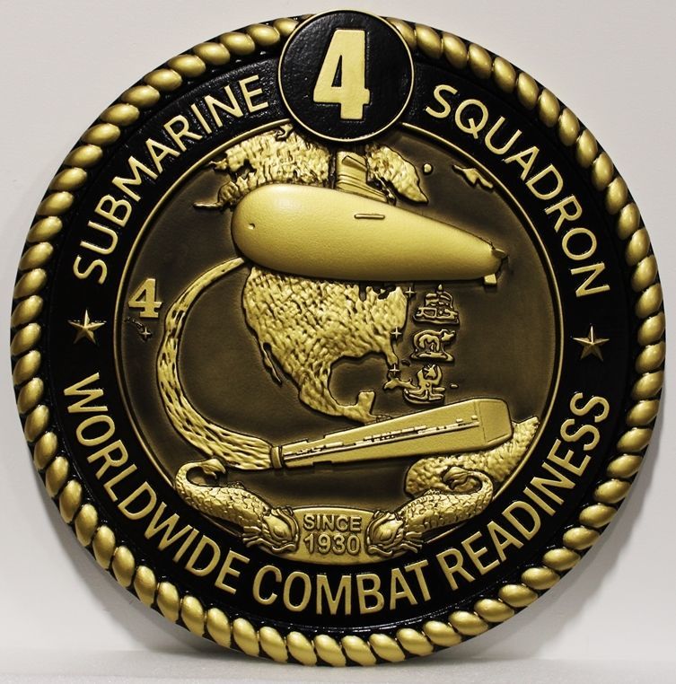JP-2022 - Carved 3-D  Brass-Plated HDU Plaque of the Crest of  Submarine Squadron 4