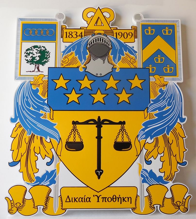 Y34522 - Carved and Engraved HIgh-Density-Urethane Wall Plaque featuring a Coat-of-Arms for a Fraternity