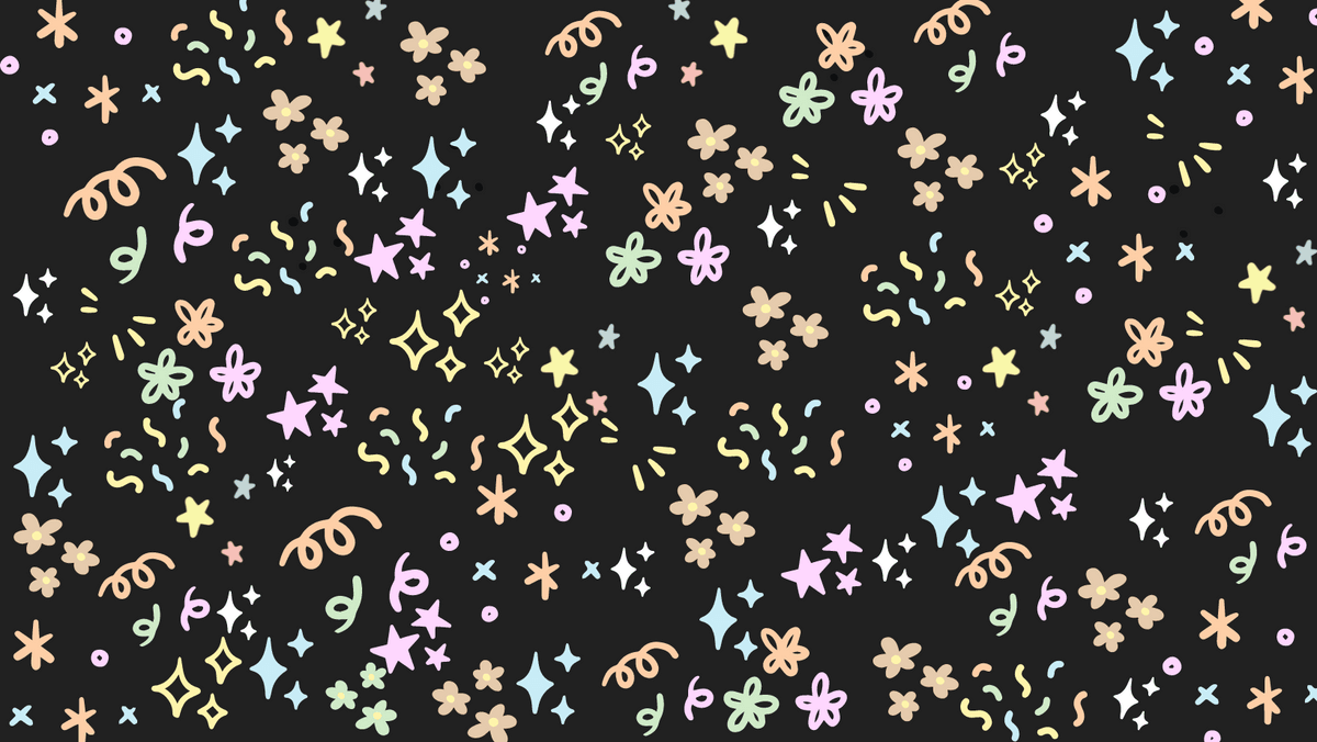 black background with various pastel star and squiggle images