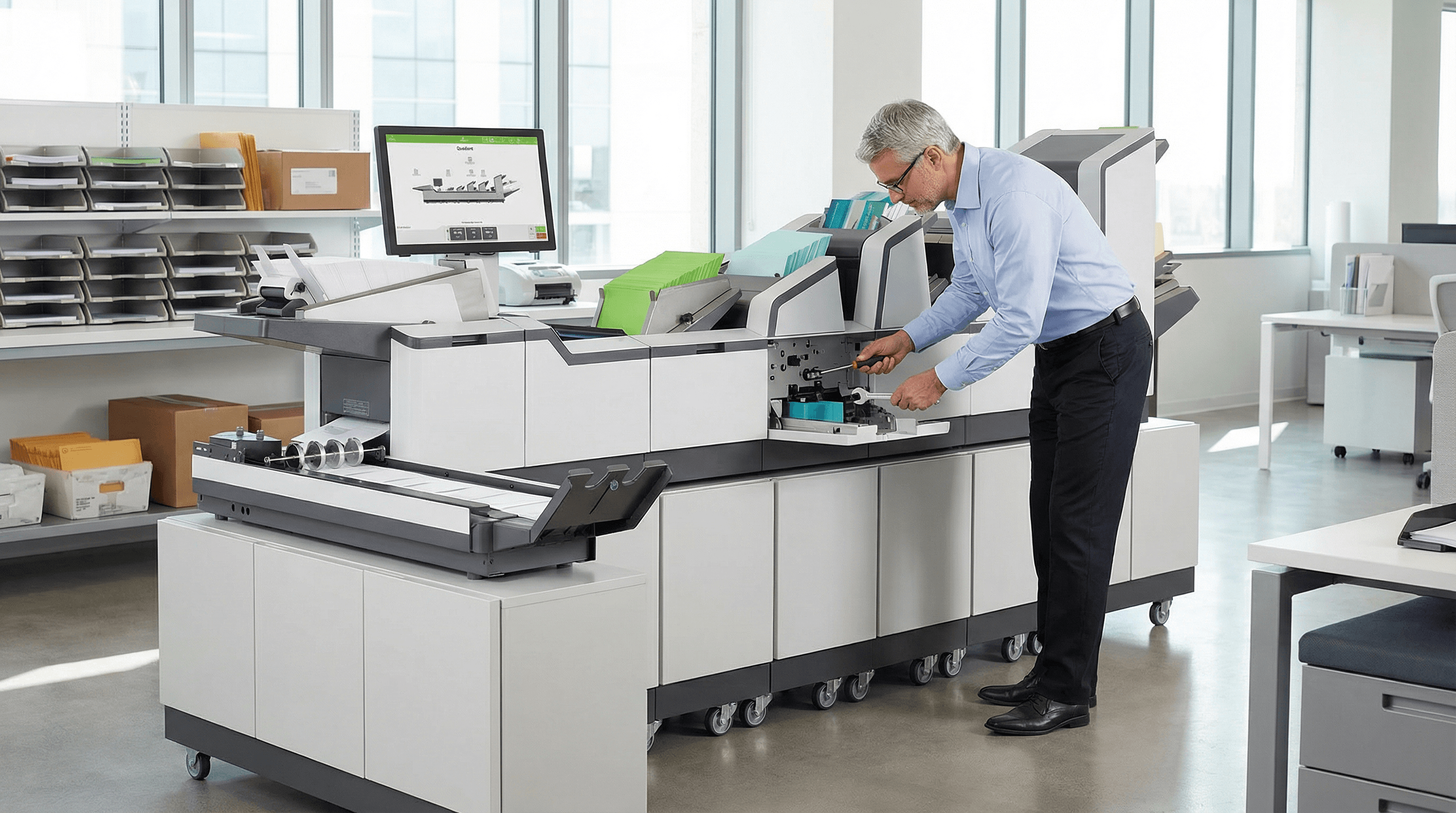 Mail Movers technician servicing Quadient DS-180i folder inserter in professional mailroom