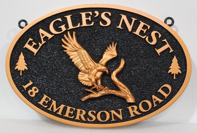 M22833A - Carved HDU Property Name and Address  Sign for the "Eagle's Nest" , with 3-D Copper-Leaf Gilded Eagle