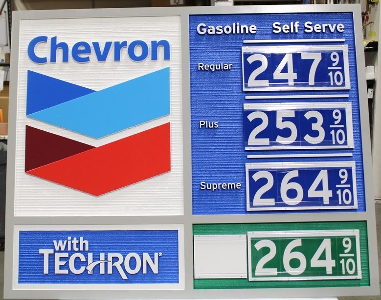 S28201 -  Carved 2.5-D  Raised Relief and Sandblasted  Wood Grain HDU Sign for a Chevron Gas Station