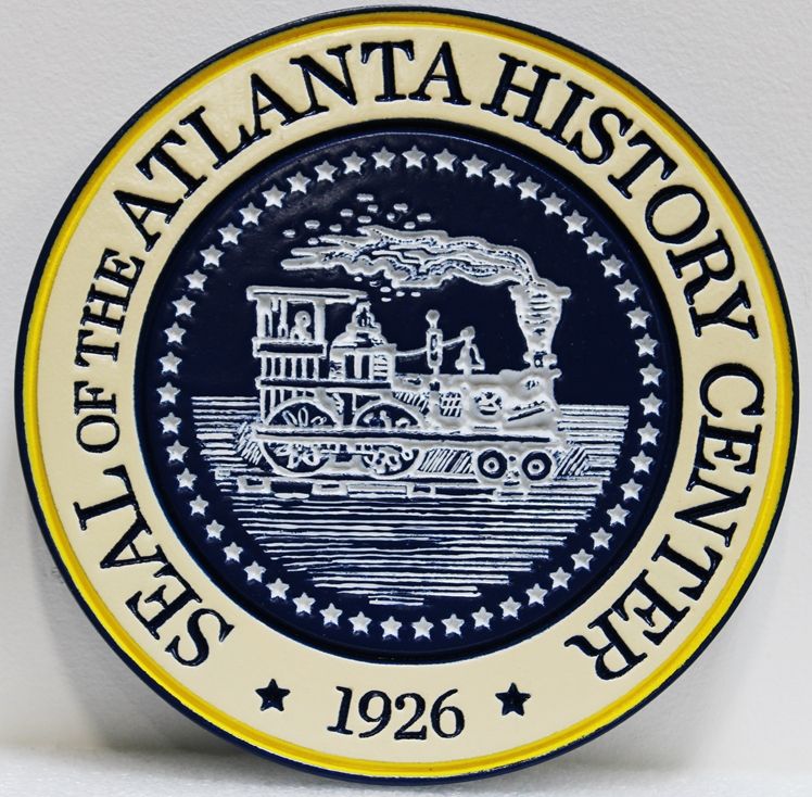 DP-1102 - Carved Engraved Relief Plaque of The Seal of the Atlanta Historic Center, with Vintage Steam Locomotive as Artwork