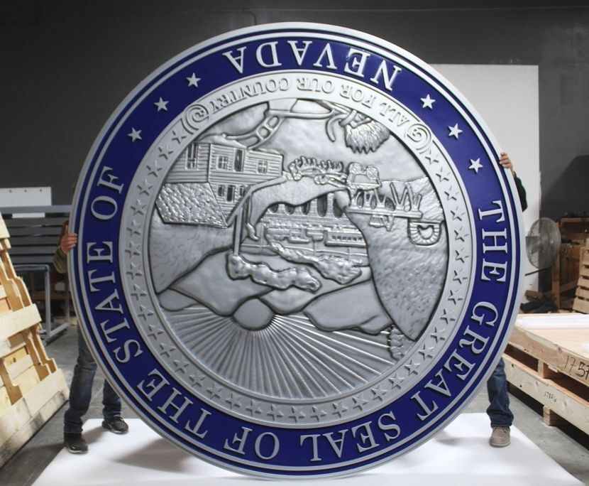 BP-1338B - Large 8 Ft diameter Carved 3-D Bas-Relief Wall Plaque of the Great Seal of the State of Nevada (upside down))