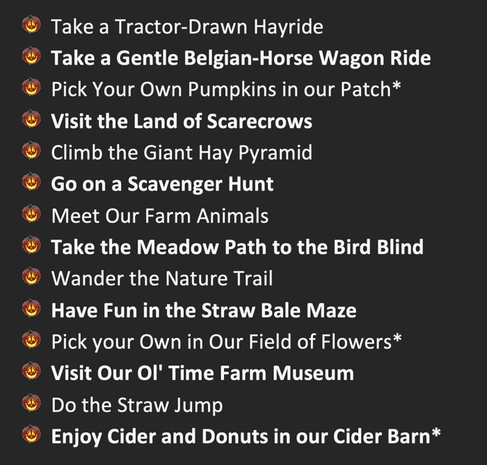 A list of things you can do at the Fall Festival:  Take a Hayride in a Tractor-Drawn Wagon Take a Horse and Wagon Ride Pick Your Own Pumpkins in our Patch* Visit the Land of Scarecrows Meet Our Farm Animals Go on a Scavenger Hunt Wander the Nature Trail T