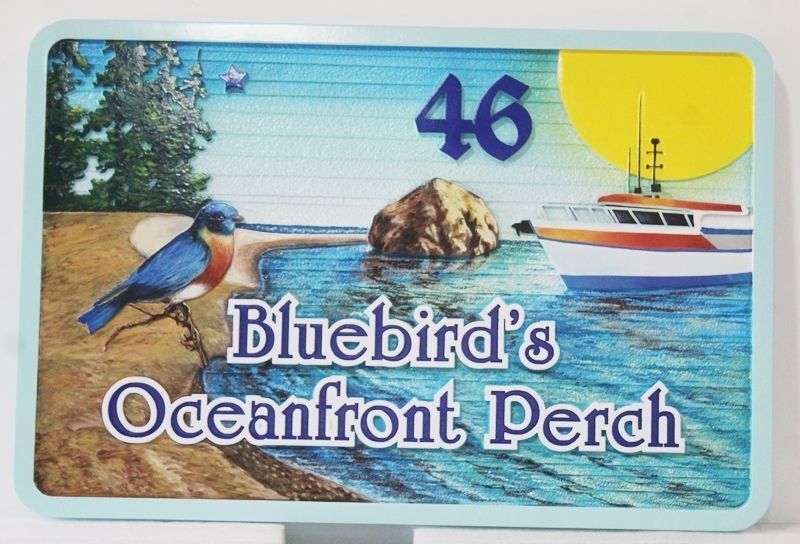 L21466 - Carved and Sandblasted Ocean Sign for "Bluebird's Oceanfront Perch"