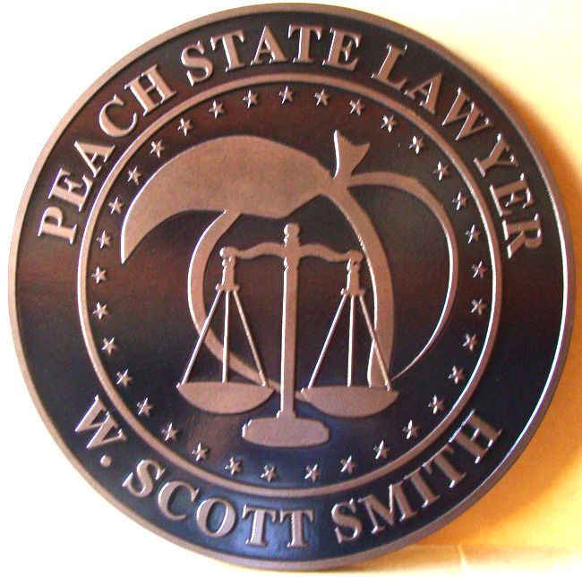 A10197 - Carved Copper Round Wall Plaque for "Peach State Lawyer", Georgia, with Peach and Scales of Justice