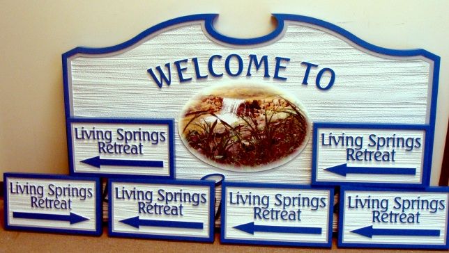 M22106 - Carved and Sandblasted HDU Waterfall Sign "Living Springs Retreat"  with Digital Vinyl Applique