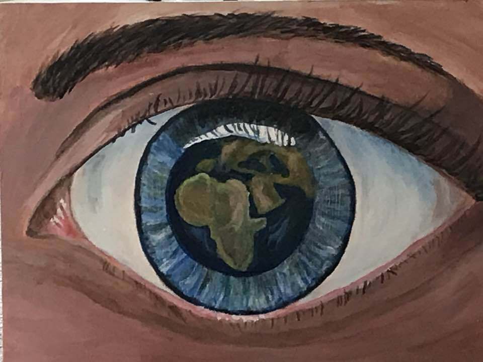 Painting of an eye with the earth reflected in its pupil