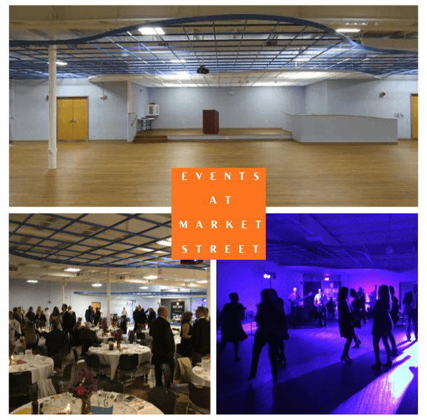 Three images showing The Arc at Market Street event room while empty, full of people at tables, and full of people dancing in blue lighting.