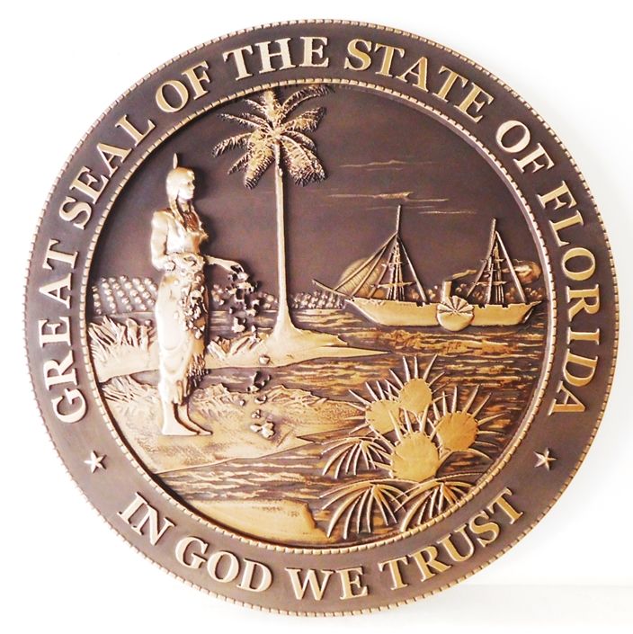 W32119 - Carved 3-D HDU  Plaque of the Great Seal of the State of Florida (Old Style) 