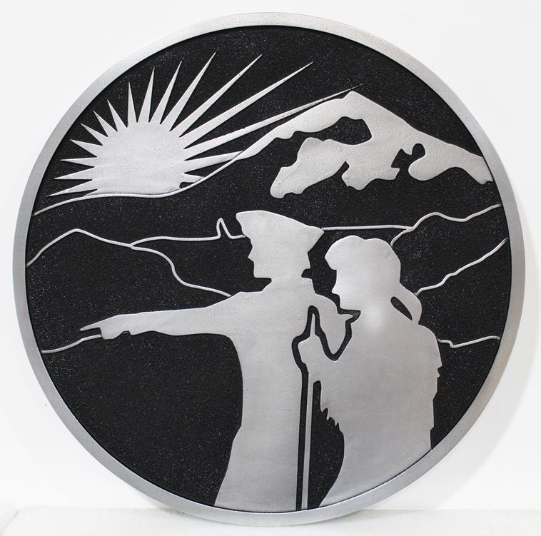 BP-1467- Carved 2.5-D Multi-Level HDU Plaque of an  Emblem  for the State of Oregon, Featuring Profiles of  Lewis & Clark with Mt. Hood in the Background