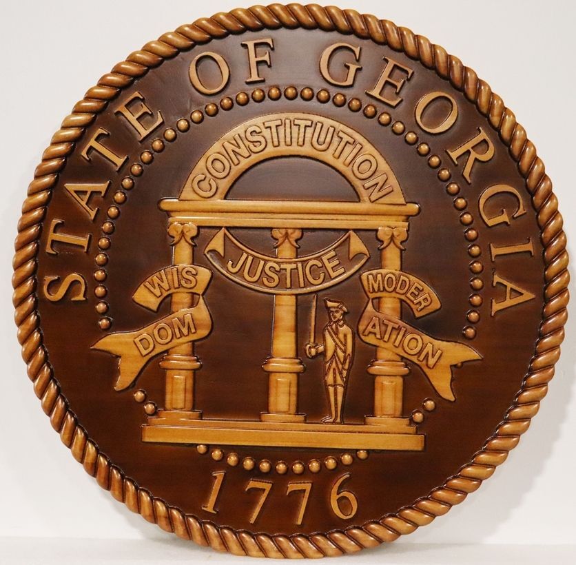 99 - Carved 3-D Bas-Relief Arained Mahogany Plaque of the Great Seal of the State of Georgia