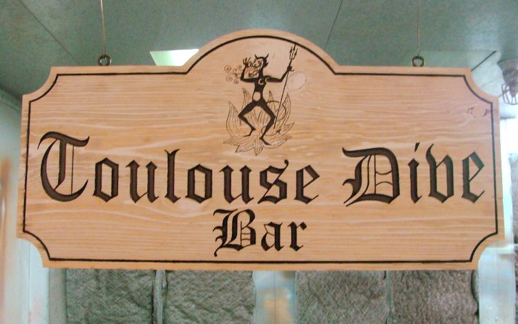 R27351 - Engraved Oak Wooden "Toulouse Dive Bar Sign", with Devil 