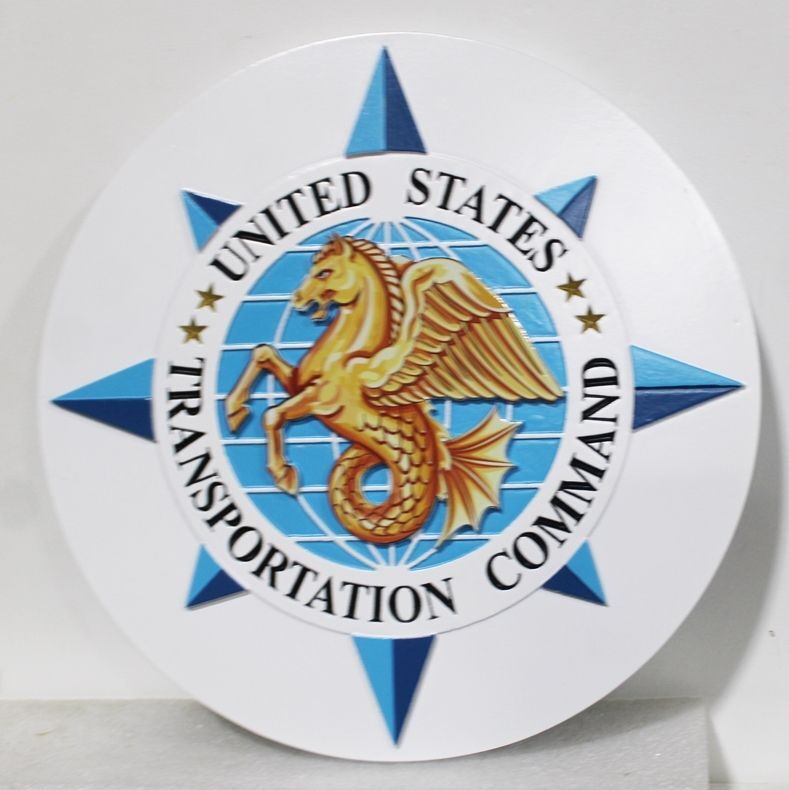 IP-1385 - Carved 2.5-D Multi-Level HDU Plaque of the Seal of the United States Transportation  Command , with Round Backer 