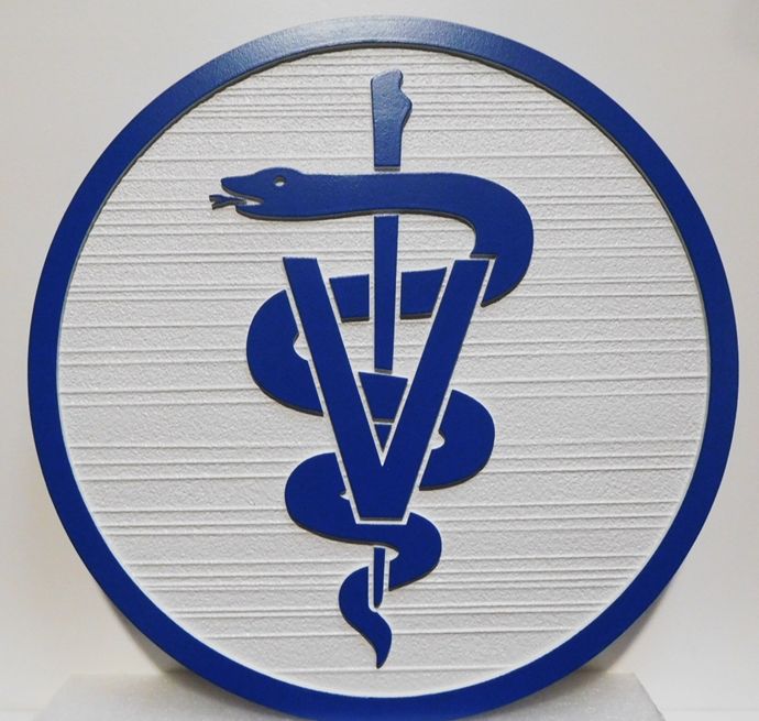 BB11989 - Carved and Sandblasted round Plaque  featuring a Caduceus,  for a Veterinary Office