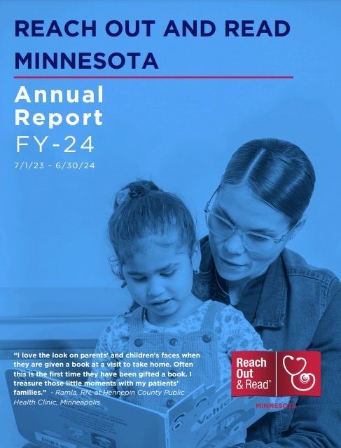 title page of annual report, blue filtered picture of mother reading with daughter, logo and title