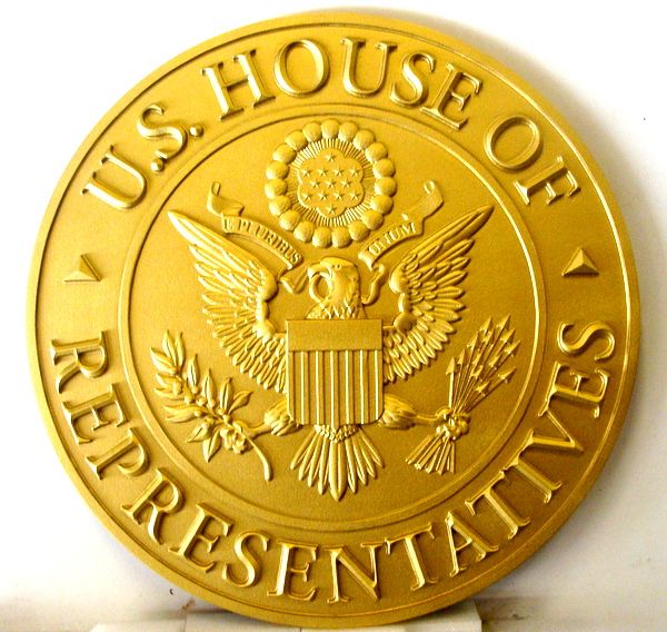U30113 - Carved 3-D HDU Bright Gold  Wall Plaque  of the Seal of the US House of Representatives.