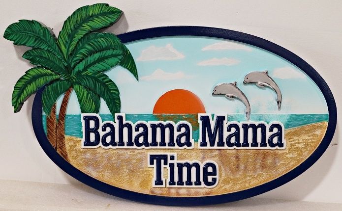 L21207A - Carved 2.5-D Multi-level Relief HDU Beach House Name Sign "Bahama Mama Time", with Sunset, Palm Trees, and Dolphins as Artwork