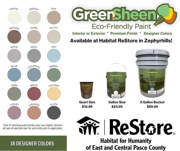 Cans of Green Sheen recycled interior and exterior paint available at Habitat ReStore Zephyrhills – eco-friendly, affordable, and high-quality finish