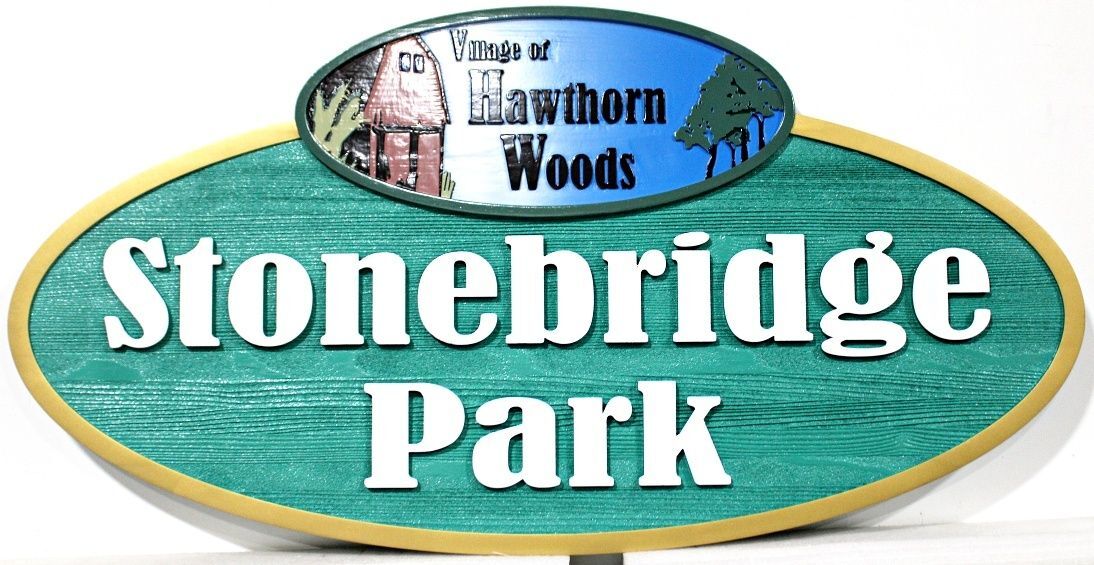 GA16537 - Carved Sign for "Village of Hawthorn Woods Stonebridge Park"