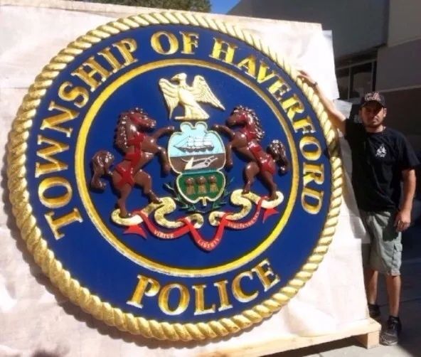 TA3010 - 8 ft diameter wall plaque of the Seal of Haverford Township's Police Department ,   carved in 3-D bas-relief gilded with 24K gold leaf