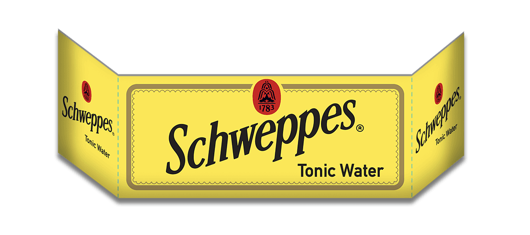 Printed cardboard end cap with retro Schweppes Tonic Water logo on yellow background