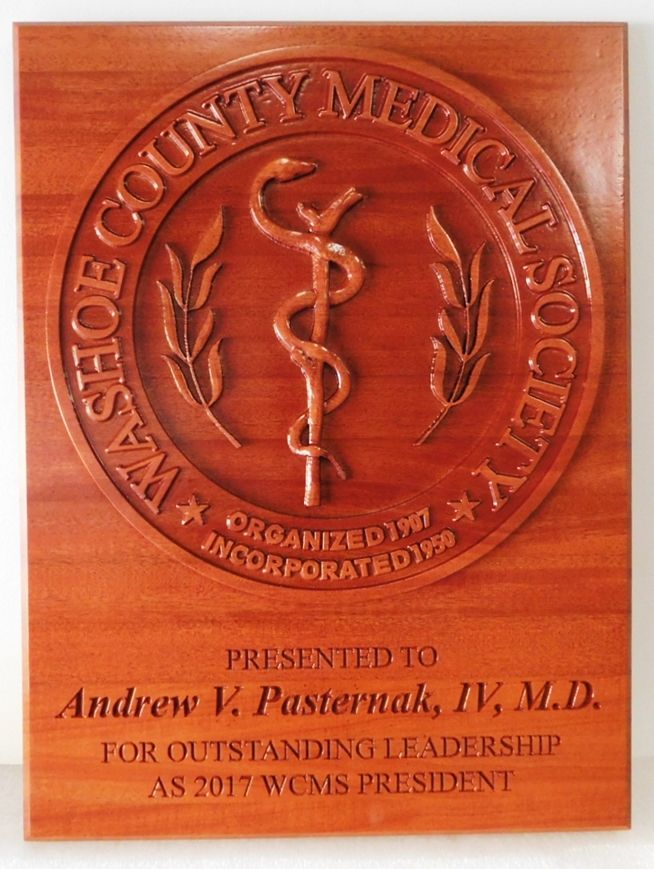 VP-1807- Carved Plaque for Washington County Medical Society, Personalized on Mahogany Wood