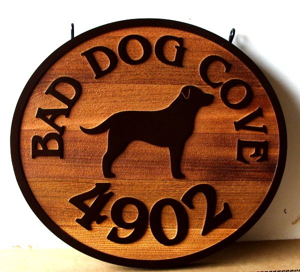 M22931 - Rustic Sandblasted Cedar Address  Sign "Bad Dog Cove", with Dog in Profile