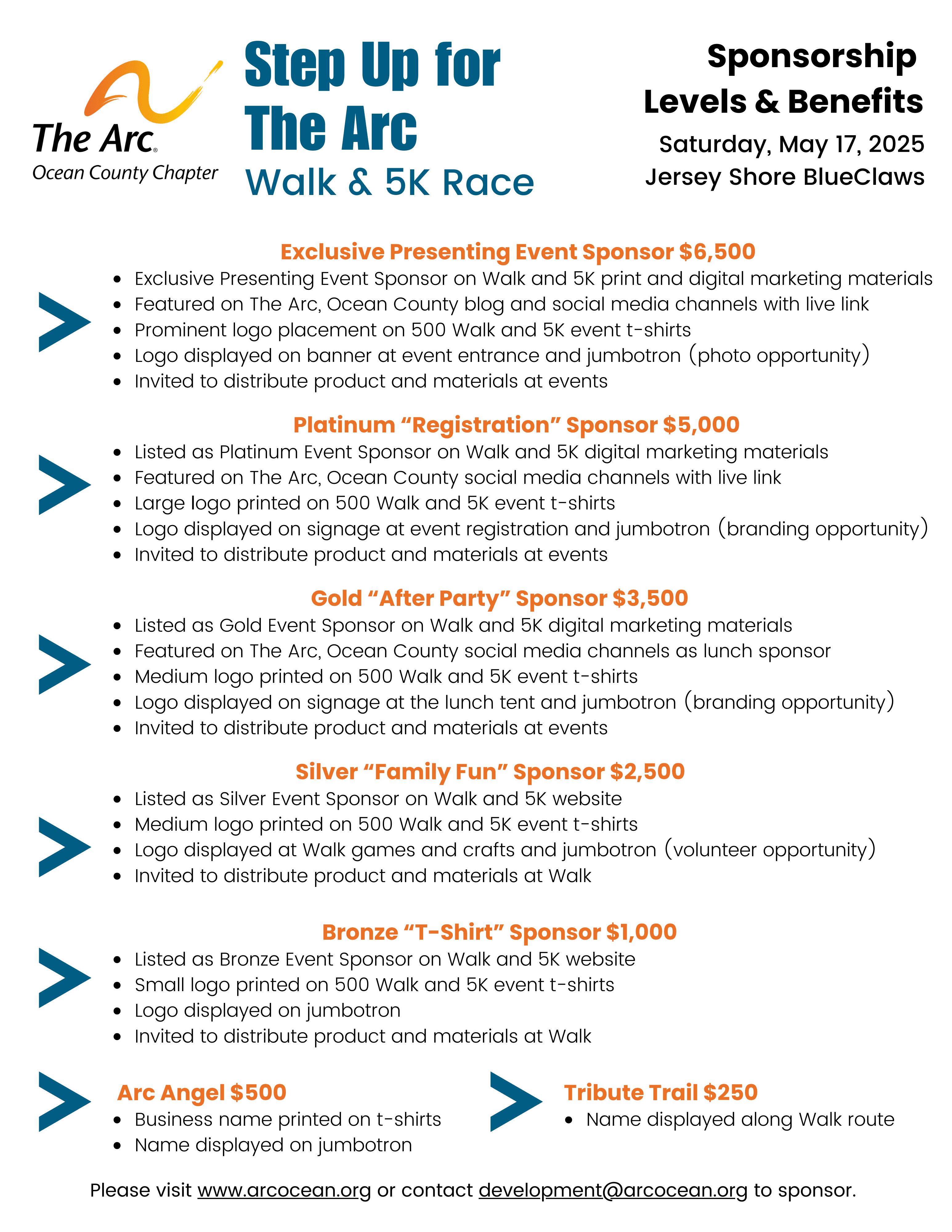 Step Up for The Arc Walk & 5K Sponsorship Levels and Benefits