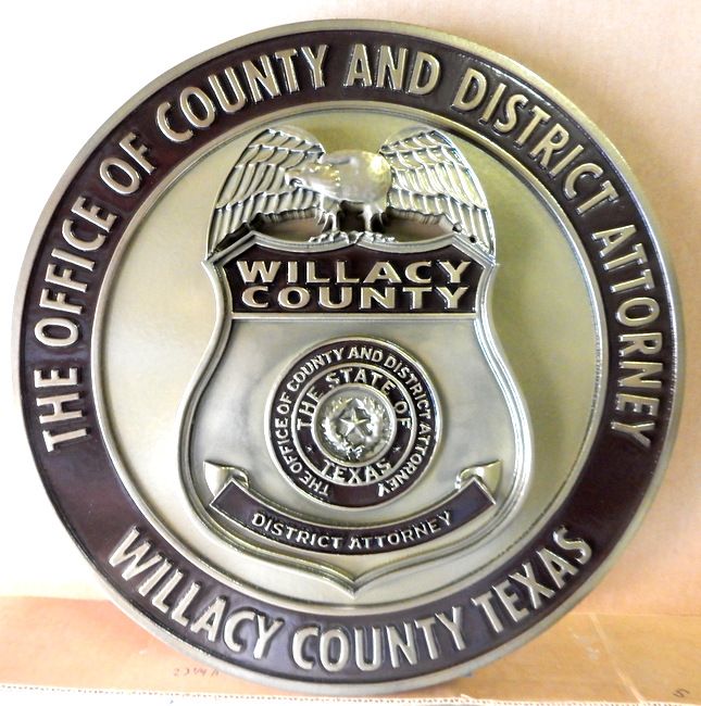 M7452 - Silver Painted 3D Carved Badge Plaque for District Attorney of Willacy County, Texas