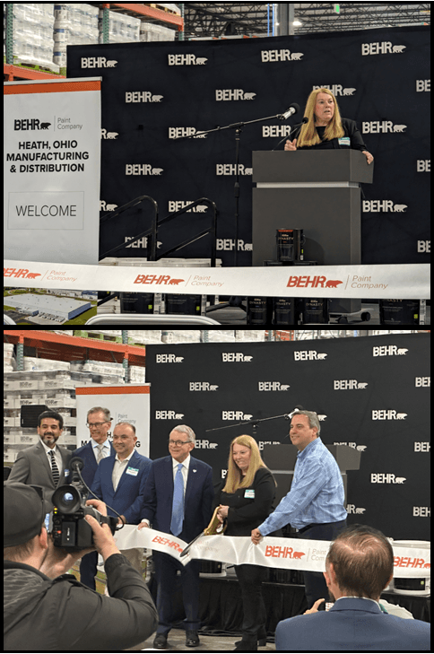 A photo of a women speaking behind a podium, above a photo of a group of people cutting a ribbon with giant scissors