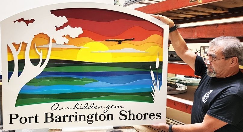 L21199 - Carved Coastal Home Sign with Artist-Painted  Scene of "Port Barrington Shores, Our Hidden Gem",  featuring a Stylized Scene of  a Tree, the Ocean, Clouds and the Setting Sun 