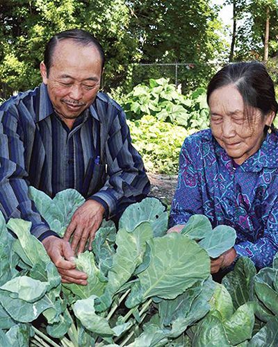 Volunteer Senior Companion Chue Vang gardens with older woman