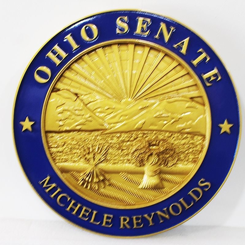 BP-1427 - Carved 3-D Bas-Relief Plaque  for a Member of the Ohio State Senate, Painted in Metallic Brass and Dark Blue