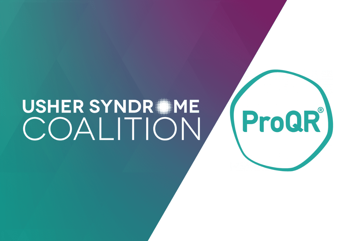 Usher Syndrome Coalition logo in white with a teal/purple background, next to ProQR logo in teal with a white background