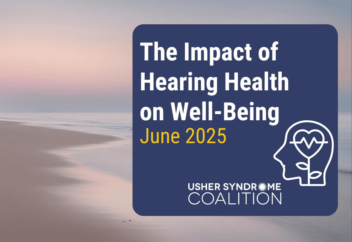 The background is a photo of an ocean beach at sunrise with calm waters. White and gold text on a navy background reads: The Impact of Hearing Health on Well-Being | June 2025