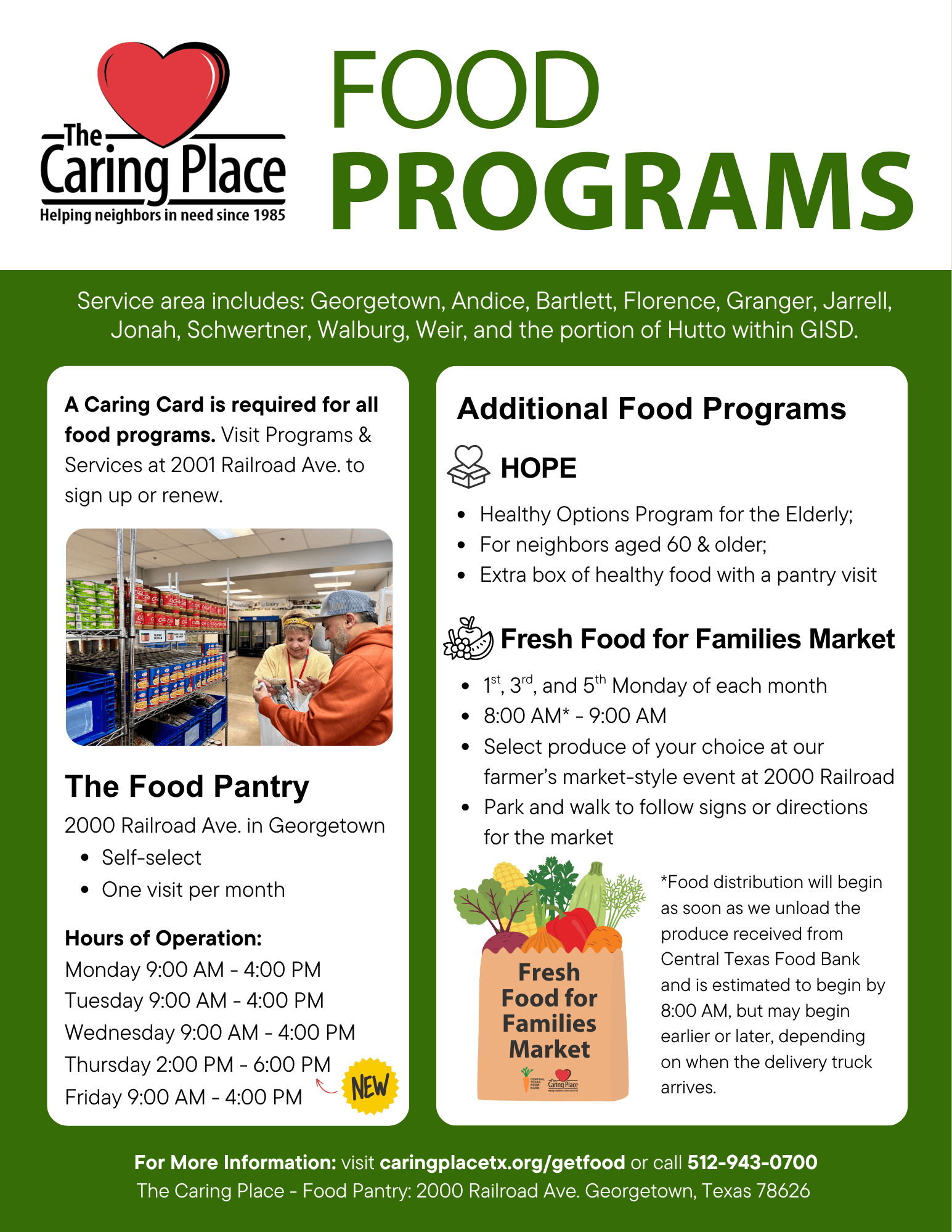 This image provides information about the Food Programs at The Caring Place, including hours of operation. It highlights the Food Pantry, HOPE program, and Fresh Food For Families.