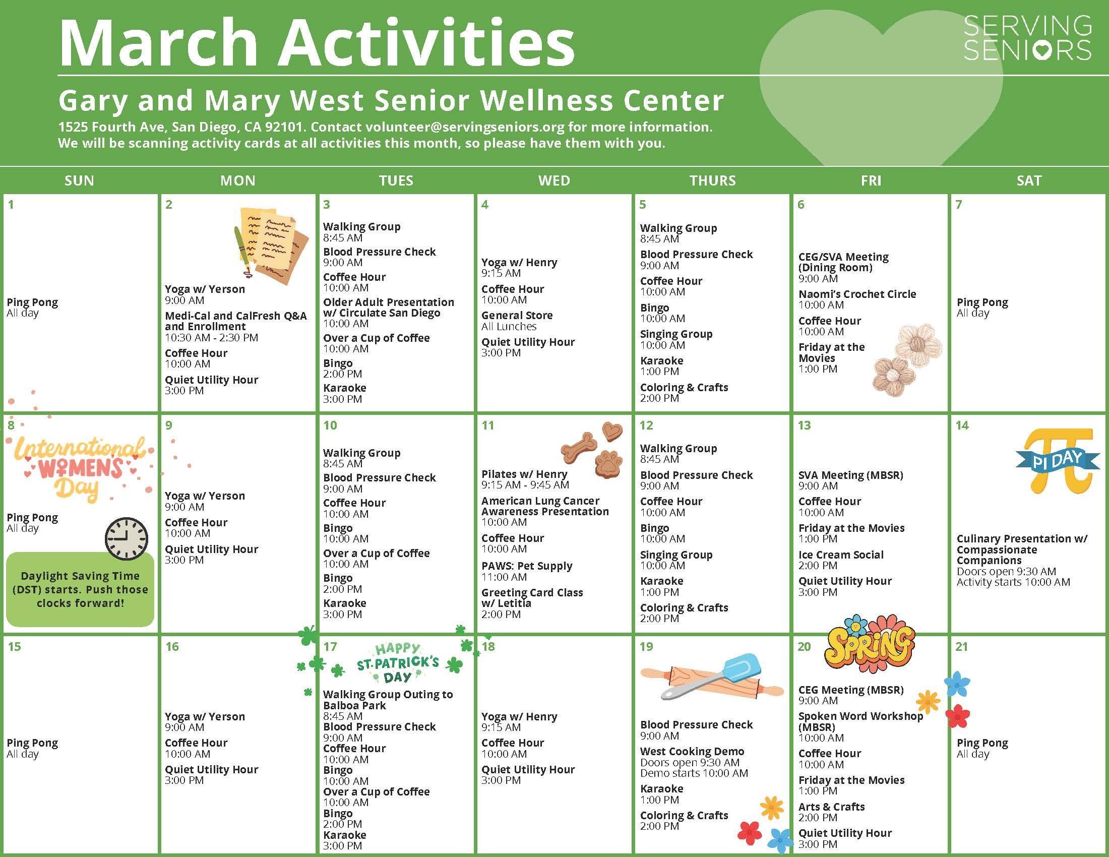 Click to download the Gary and Mary West Senior Wellness Center March 2026 Activities Calendar