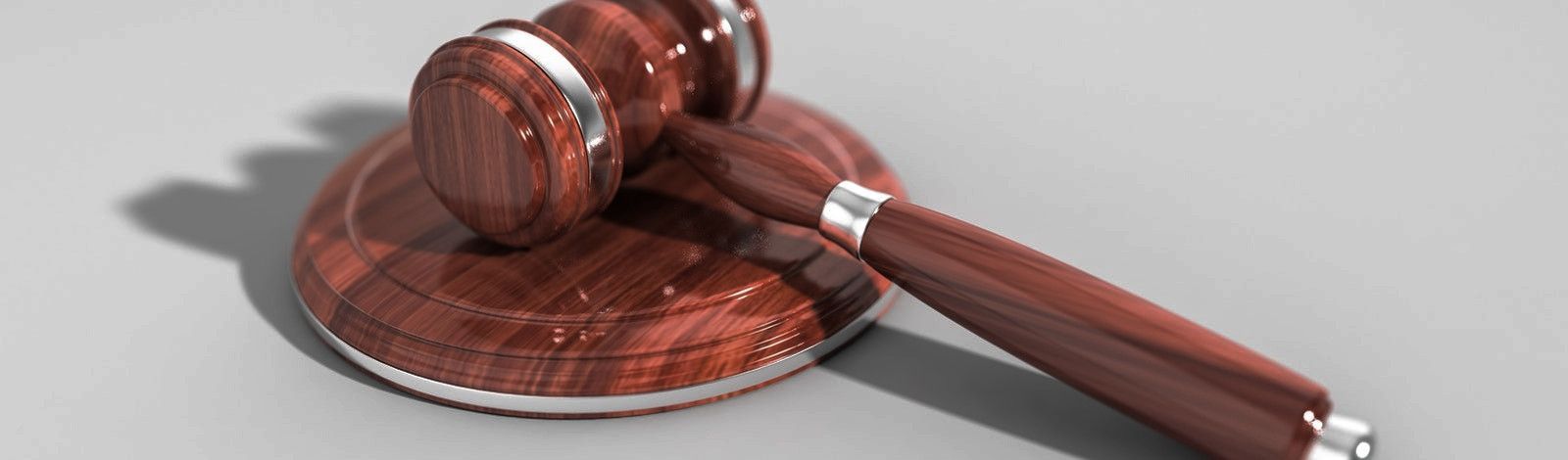 Photo of a wooden gavel with silver accents. The background is light grey and the gavel rests on its circular block. The handle points down and to the right.