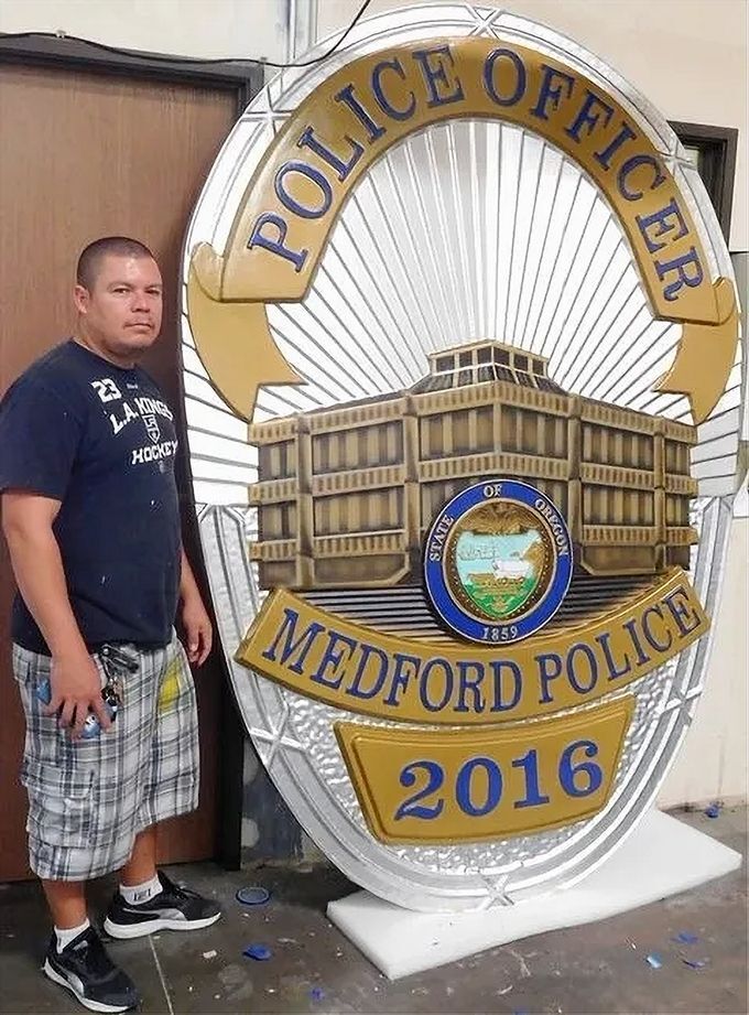 TA1027 - 8 ft tall  wall plaque of the badge of a Police Officer of Medford,  Oregon