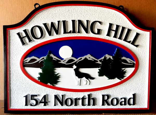 M22902 - Sandblasted Address Sign "Howling Hill" Featuring a  Wolf in a Mountain Scene