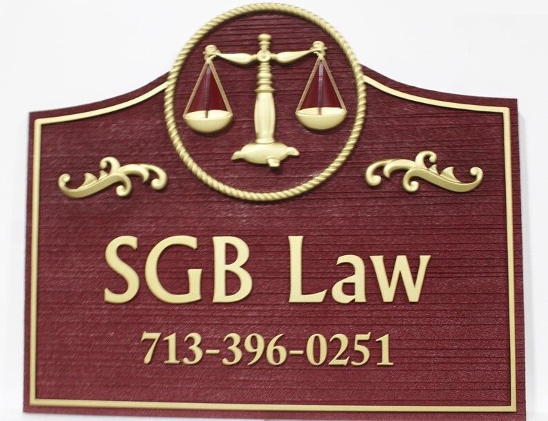 A10163A - Carved and Sandblasted Wood Grain HDU Sign for the Offices of SGB Law, with 3-D Bas-Relief Artwork,
