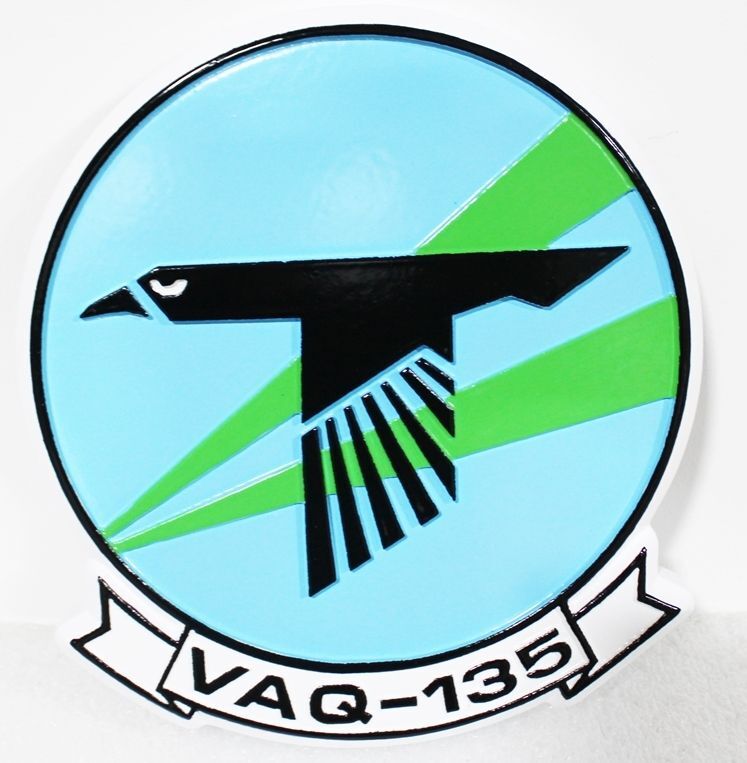 JP-1662 - Carved 2.5-D Multi-Level HDU Plaque of the Crest of the Electronic Attack Squadron 135 (VAQ-135), the "Black Ravens",  US Navy